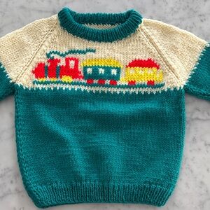 Adorable Hand Made Knit Teal and Cream Train Sweater